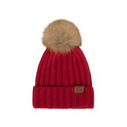 Cashmere-blend hat with fur pompom, red, size ii