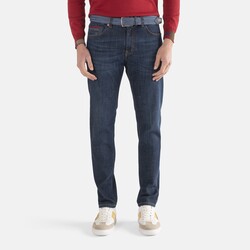Dark-coloured five-pocket jeans with worn effect