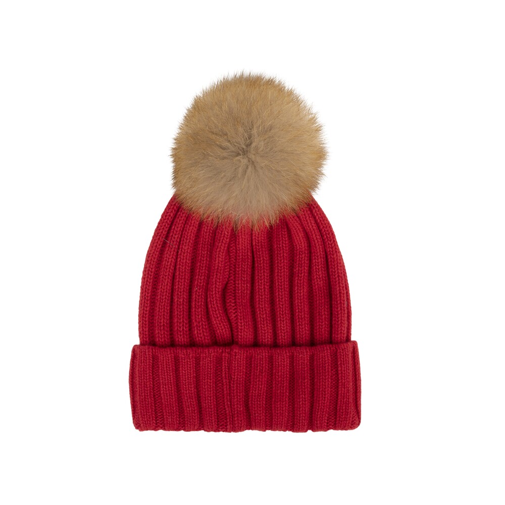 Cashmere-blend hat with fur pompom, red, size ii