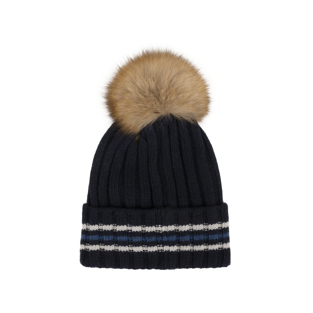 Cashmere-blend hat with fur pompom, blue, size ii
