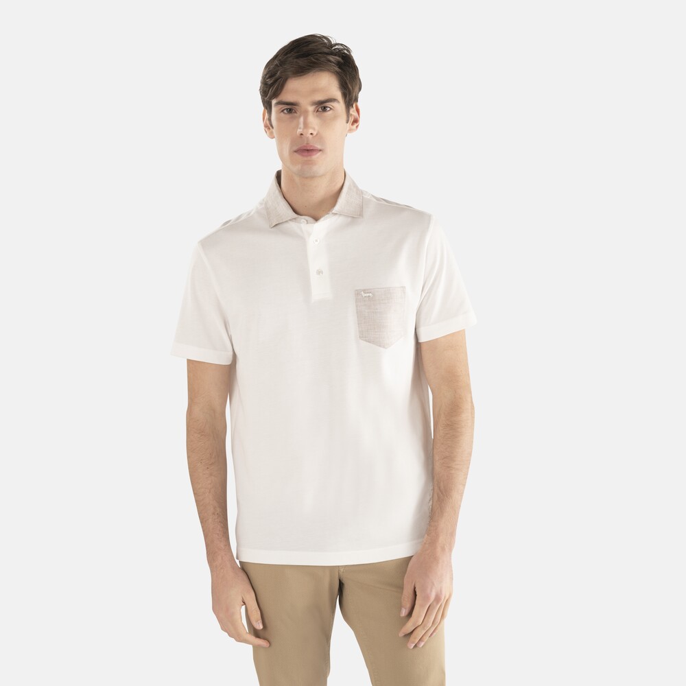 Polo shirt with contrasting collar and breast pocket, White, size S