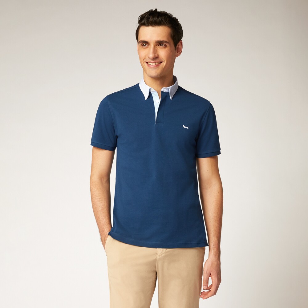 Cotton half-sleeved vietri polo shirt with contrasting collar, Blue, size S