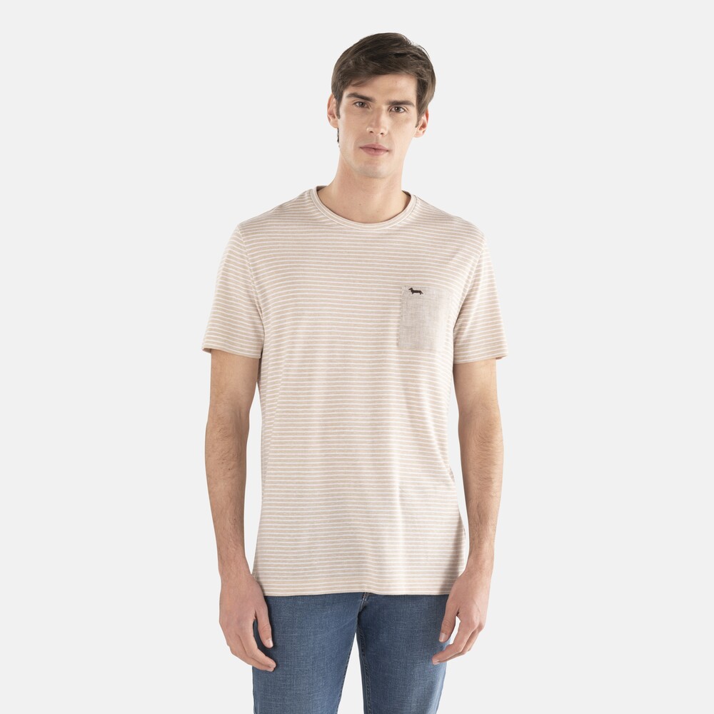 Striped t-shirt with desert oasis breast pocket, Beige, size S