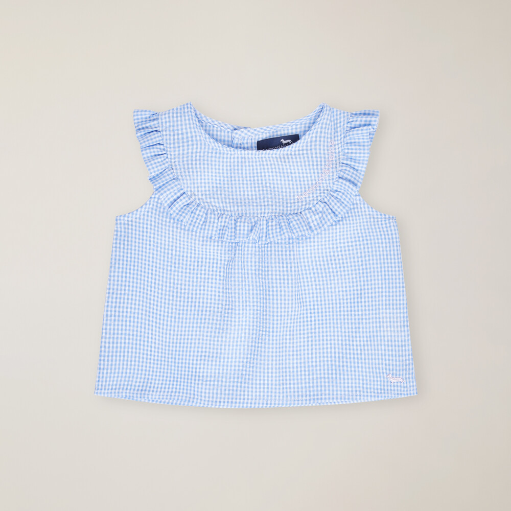 Vichy blouse with ruffles and dachshund, Light blue, size 6M