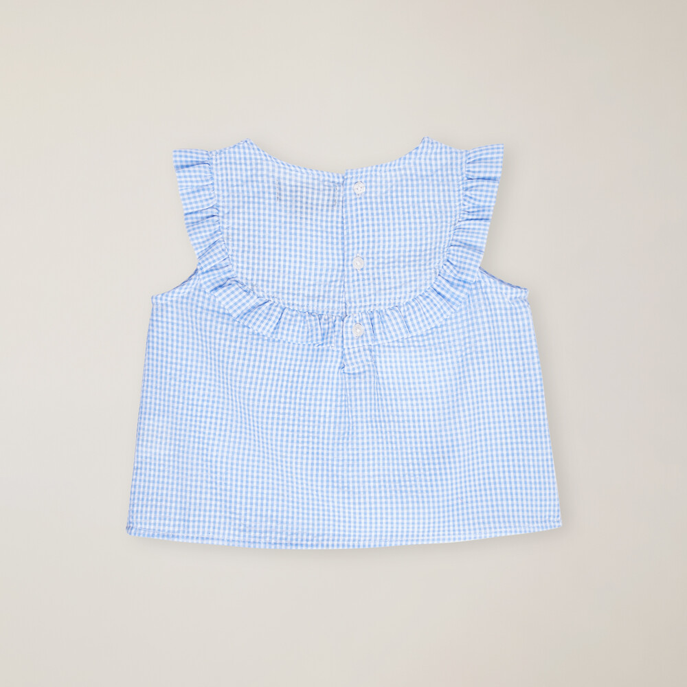 Vichy blouse with ruffles and dachshund, Light blue, size 6M