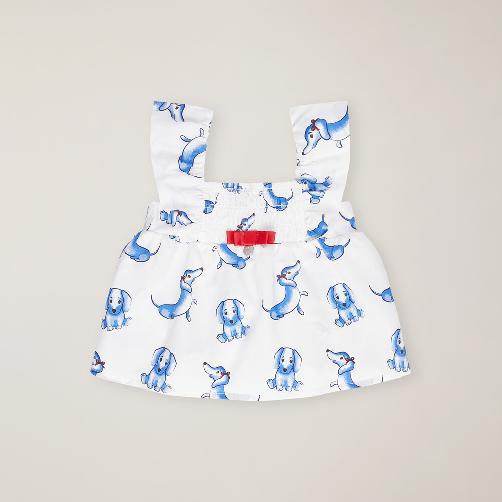 Blouse with dachshunds and bow, White, size 6M